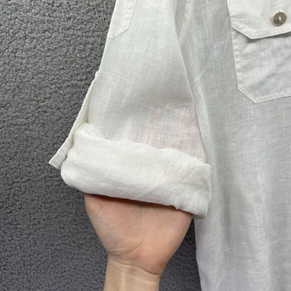 Chicos Button Top XL 3 Linen Pockets Roll Tab Long Sleeve White Beach Hike Fish - Picture 12 of 16